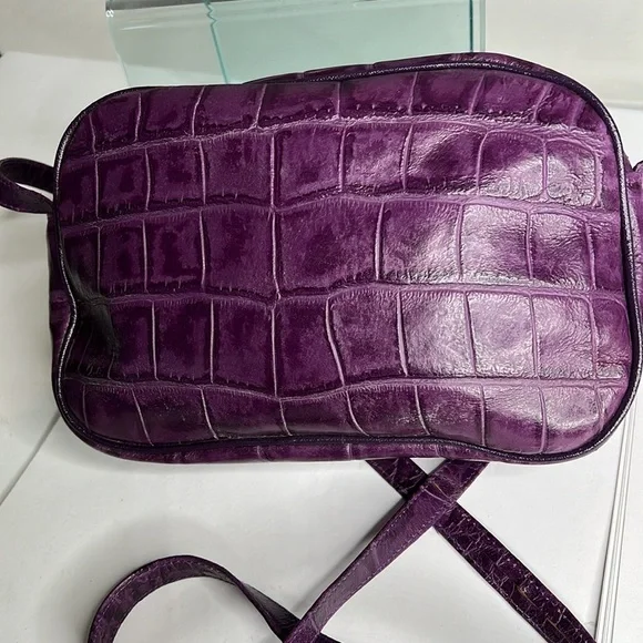 Purple Croc Embossed Leather Made in Italy Shoulder Crossbody Bag - Picture 5 of 14